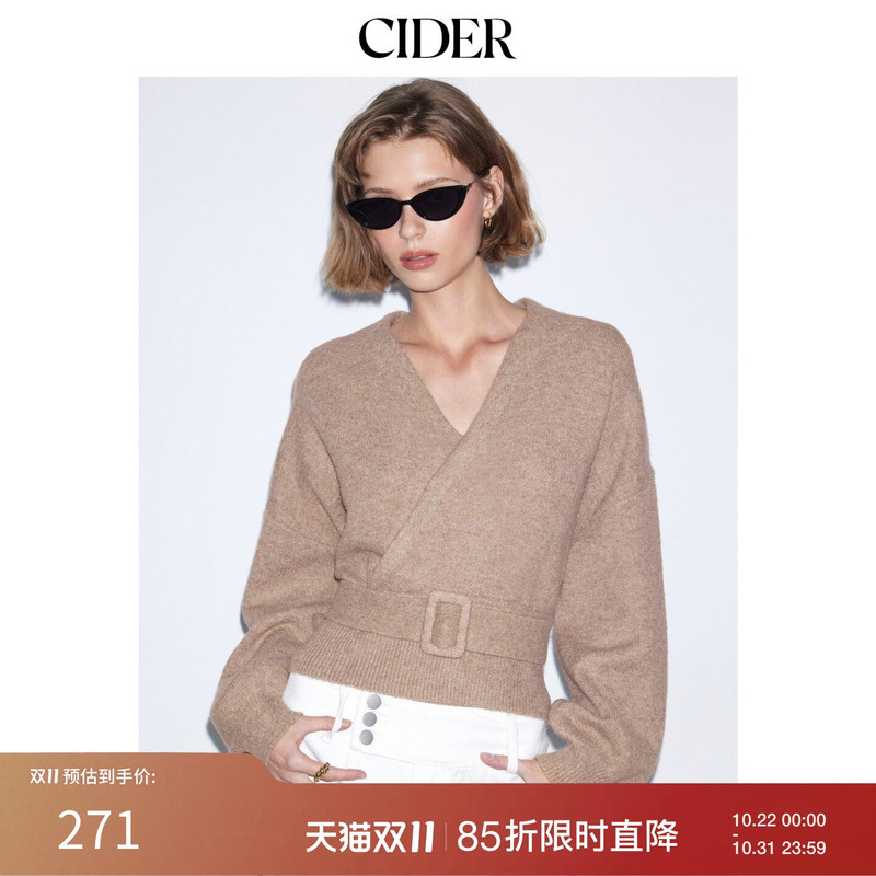 Cider Knitted Wool Blend V-Neck Lantern Sleeve Wrap Sweater with Belt 115526063 Cider Knitted Wool Blend V-Neck Lantern Sleeve Wrap Sweater with Belt 115526063