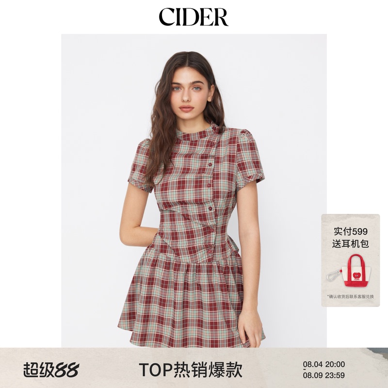 [Celebrity Style] Cider American Plaid Puff Sleeve Tie Dress 114992258