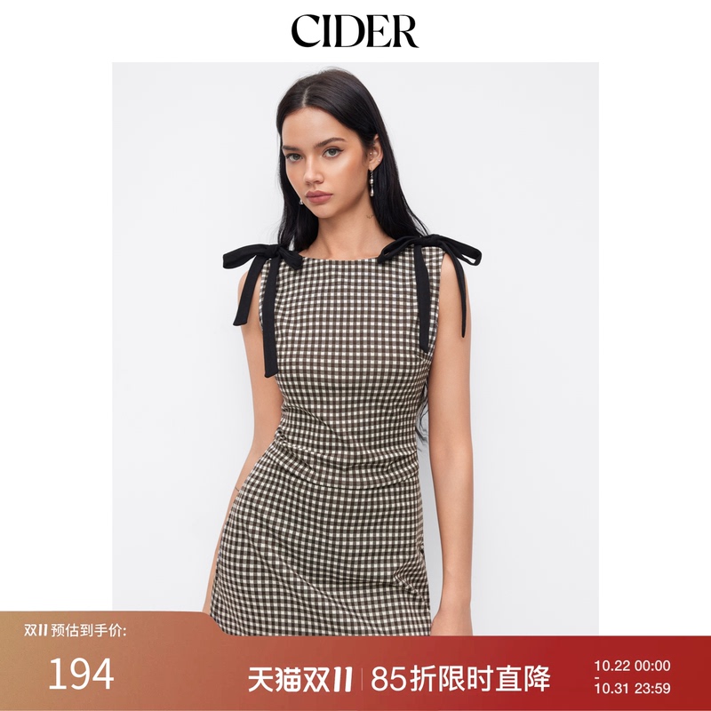Cider Plaid Skirt with Bow Round Neck Design Sleeveless Vest Dress 114978033