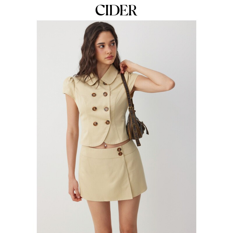 Cider Cotton Blend Peter Pan Collar Puff Sleeve Metal Double-Breasted Top 115408123