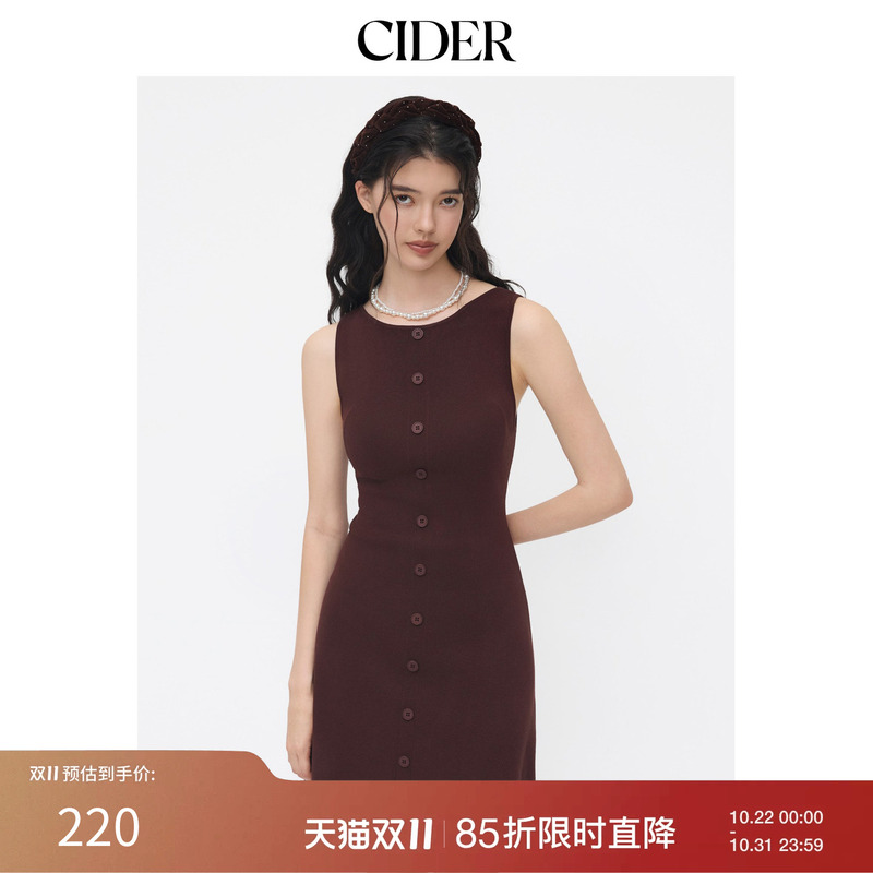 Cider Knitted Boat Neck Vest Dress Buttoned Slim Sleeveless Knitted Dress 114655055