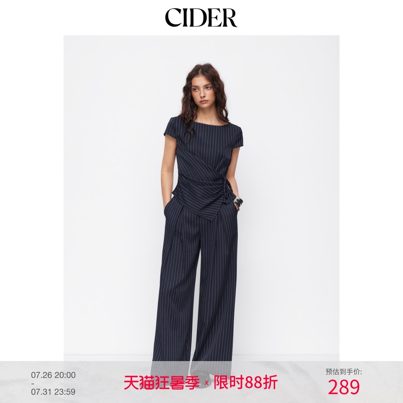 Ciderchic Style Striped Boat Neck Short-Sleeved Tie-Up Wrap Top Wide-Leg Pants Suit 115009037 Ciderchic Style Striped Boat Neck Short-Sleeved Tie-Up Wrap Top Wide-Leg Pants Suit 115009037