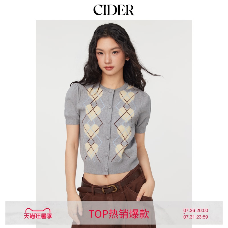 [Celebrity Style] Cider Short-Sleeve Diamond Pattern Sweater Top College Style Casual Knitted Cardigan 114715146