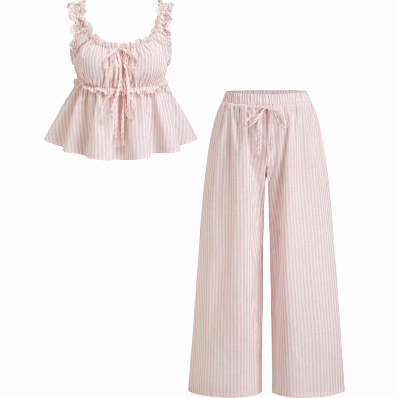 Cider Striped Drawstring Ruffle Lace Trim Tank Top and Pajama Pants Loungewear Set 114668332 Cider Striped Drawstring Ruffle Lace Trim Tank Top and Pajama Pants Loungewear Set 114668332