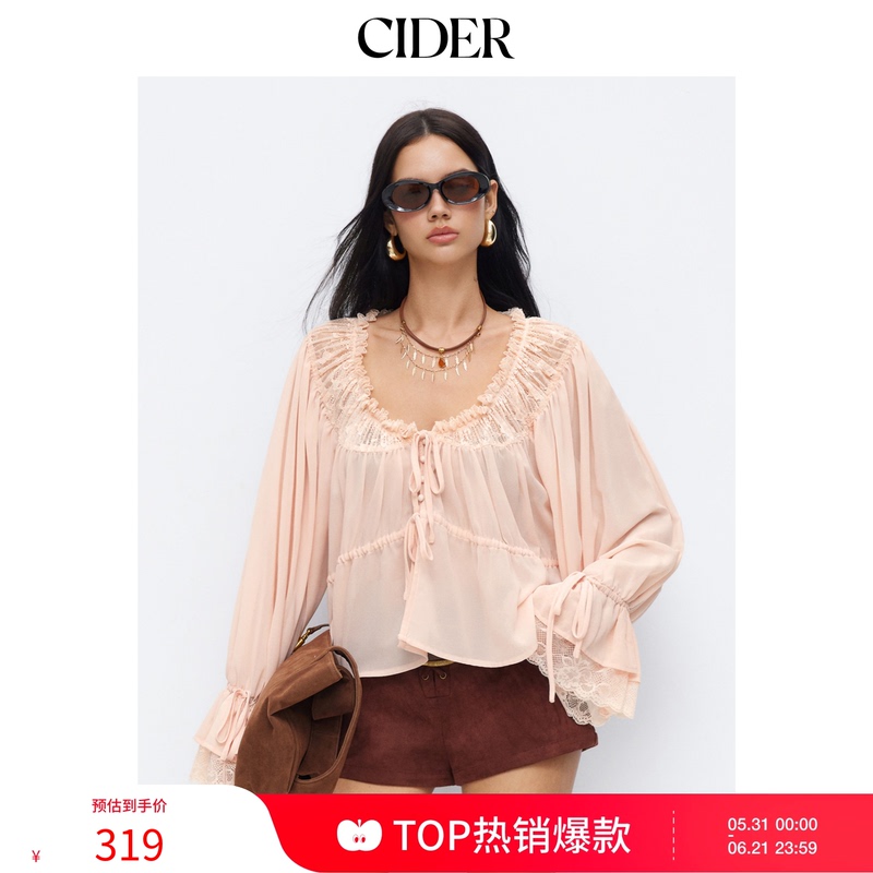 Cider Contrasting Color Lace-Up Chiffon Swing Collar Long-Sleeved Shirt 114983754 Cider Contrasting Color Lace-Up Chiffon Swing Collar Long-Sleeved Shirt 114983754