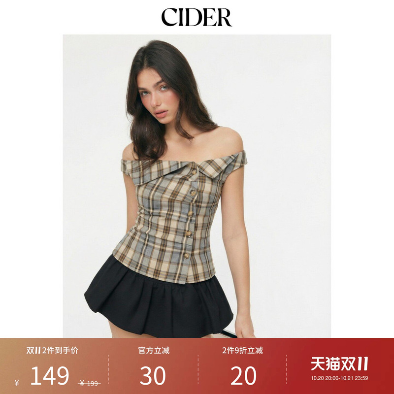 [Celebrity Style] Cider2026 Early Autumn Outfit Plaid Asymmetrical Short Sleeve Top 115229782