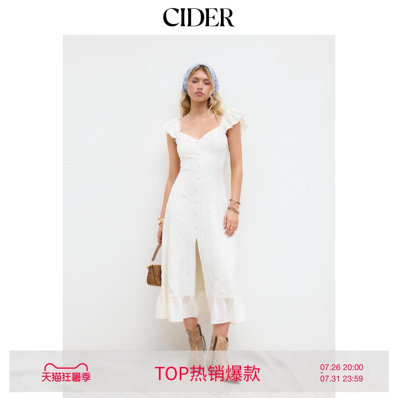 Cider Graduation Season Outfit｜Sweet Heart-Shaped Collar Applique Slit Ruffle Mid-Length Dress 114572444