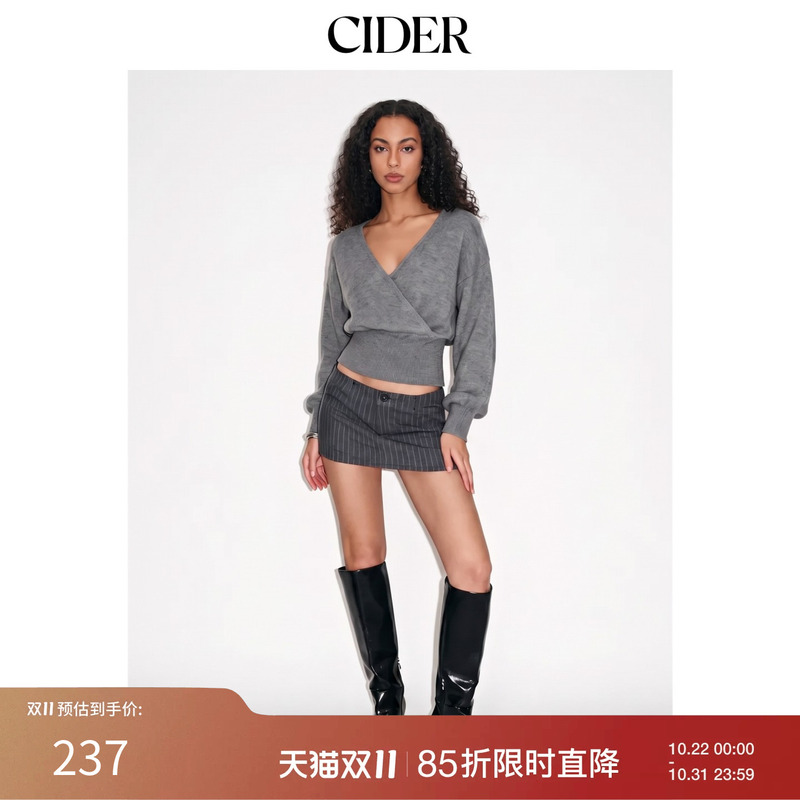 Cider2026 Autumn New Knitted Wool Blend V-Neck Lantern Sleeve Wrap Sweater 115735630