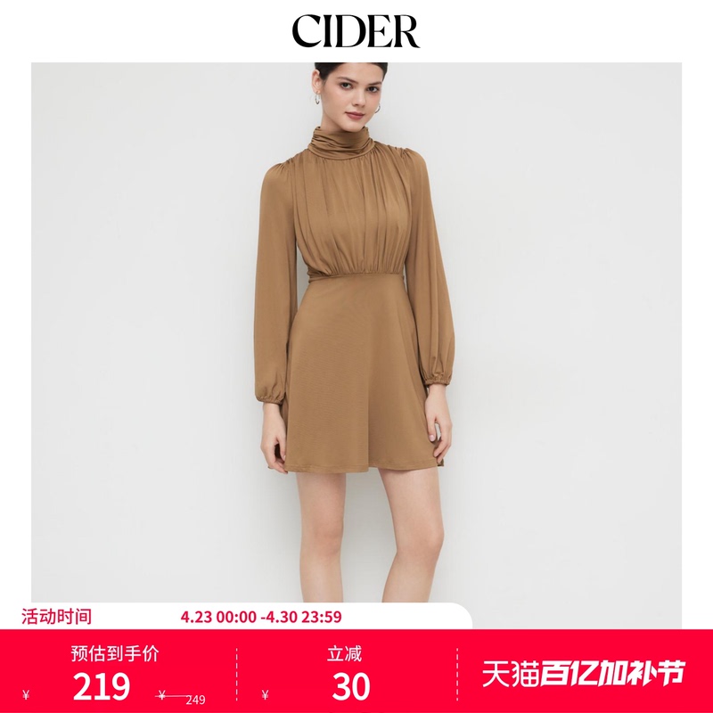 Cider Spring and Autumn New Women's High Collar Color Pleated Zipper Mini Dress 113839099