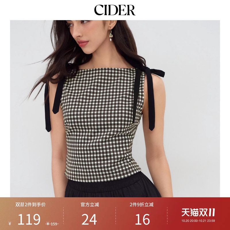 [Celebrity Style] Cider Authentic Early Autumn Boat Neck Plaid Bow Vest Top 114193321
