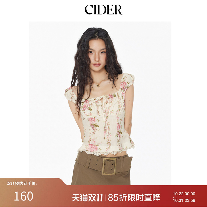 [Celebrity Style] Cider American-Style Floral Lace Ruffled French Square-Neck Top 114514790