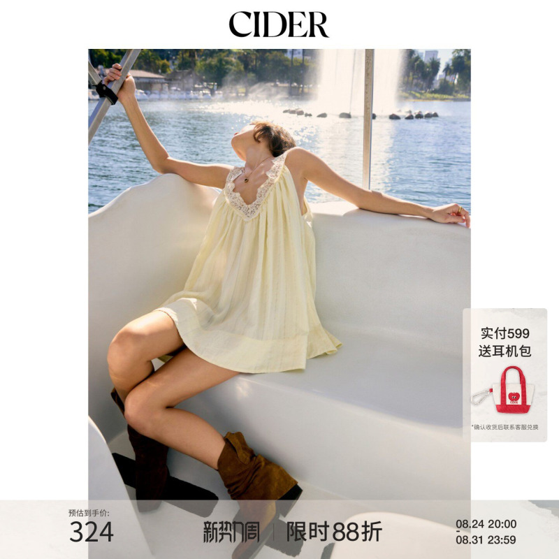 Cider2026 Spring New Floral Lace V Neck Loose Large Hem Mini Dress 115226437