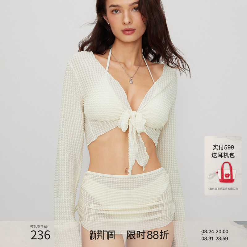 Ciderv Collar Tie Triangle Half-Coverage Bikini Swimsuit Set with Cover-Up 114501743