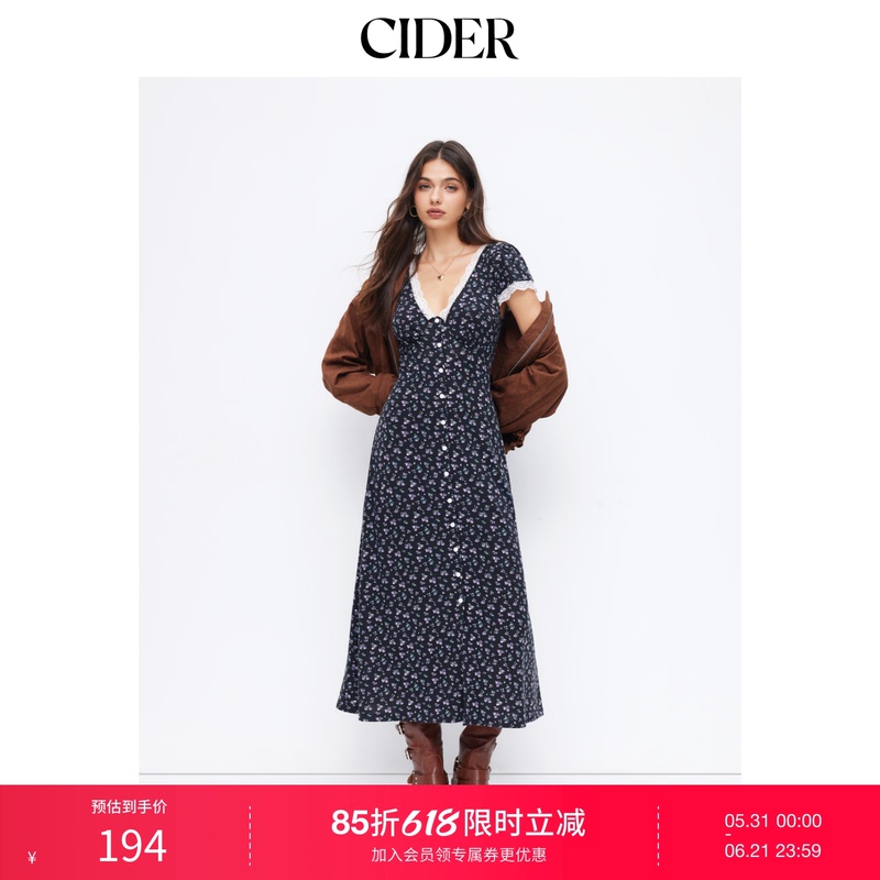 Cider Floral V-Neck Short-Sleeved Lace-Trimmed Buttoned Long Dress 115004694 Cider Floral V-Neck Short-Sleeved Lace-Trimmed Buttoned Long Dress 115004694