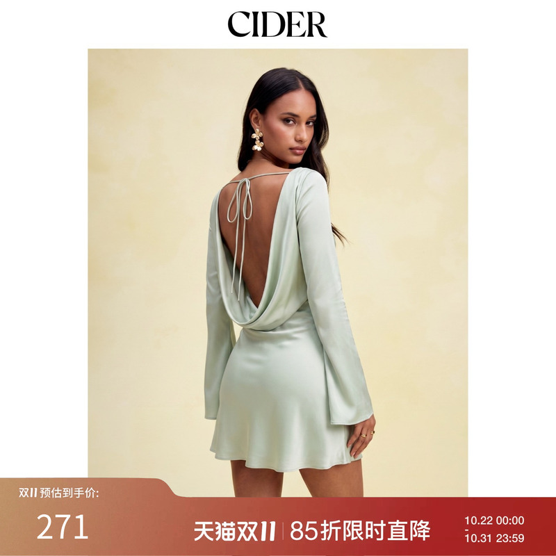 Cider New Autumn Satin Boat Neck Bell Sleeve Backless Mini Dress 115627177