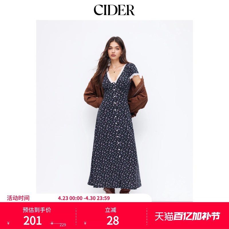 Cider Floral V-Neck Short-Sleeved Lace-Trimmed Buttoned Long Dress 115004694
