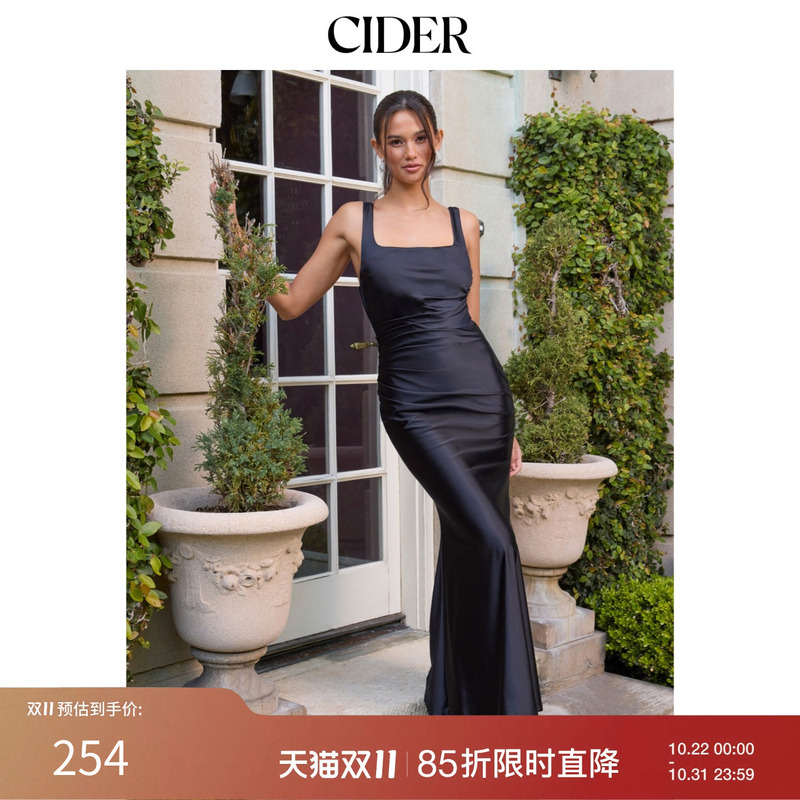 Cider2026 Early Autumn Outfit Satin Square Neck Pleated Fishtail Long Dress 115255438
