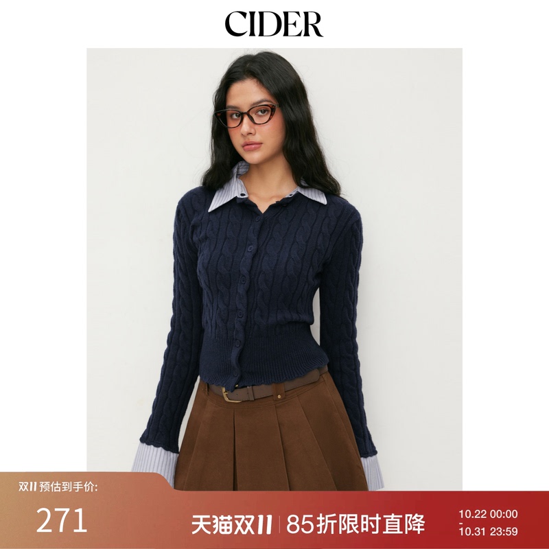 Cider Fake Two-Piece Two-Tone Lapel Polo Collar College Style Striped Chunky Knit Cardigan Long Sleeve 115140126