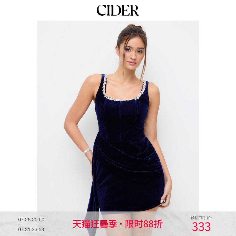 Cider Velvet U-Neck Rhinestone Pleated Mini Dress 114885292