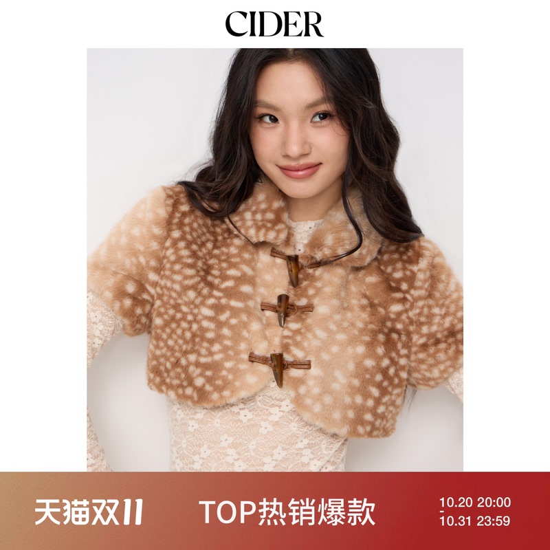[Celebrity Style] Cider Urban Nomadic Style Faux Wool Lapel Fawn Print Jacket 114881931