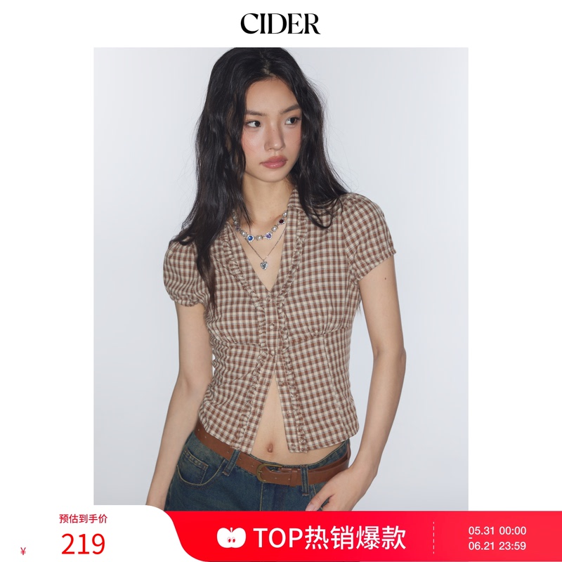 [Celebrity Style] Cidermiu V-Neck Plaid Waist-Tightening College Style Short-Sleeve Shirt 113883862