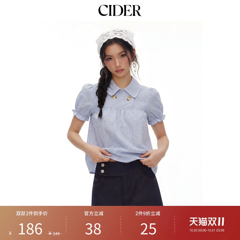 [Celebrity Style] Cider Peter Pan Plaid Puff Sleeve Loose Top Short Sleeve Shirt 115149732