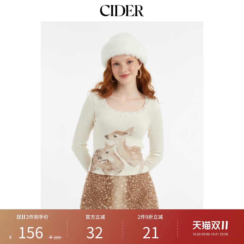 [Celebrity Style] Cider Nomadic Style Base Shirt Round Neck Lace Trim Bow T-Shirt 114820710