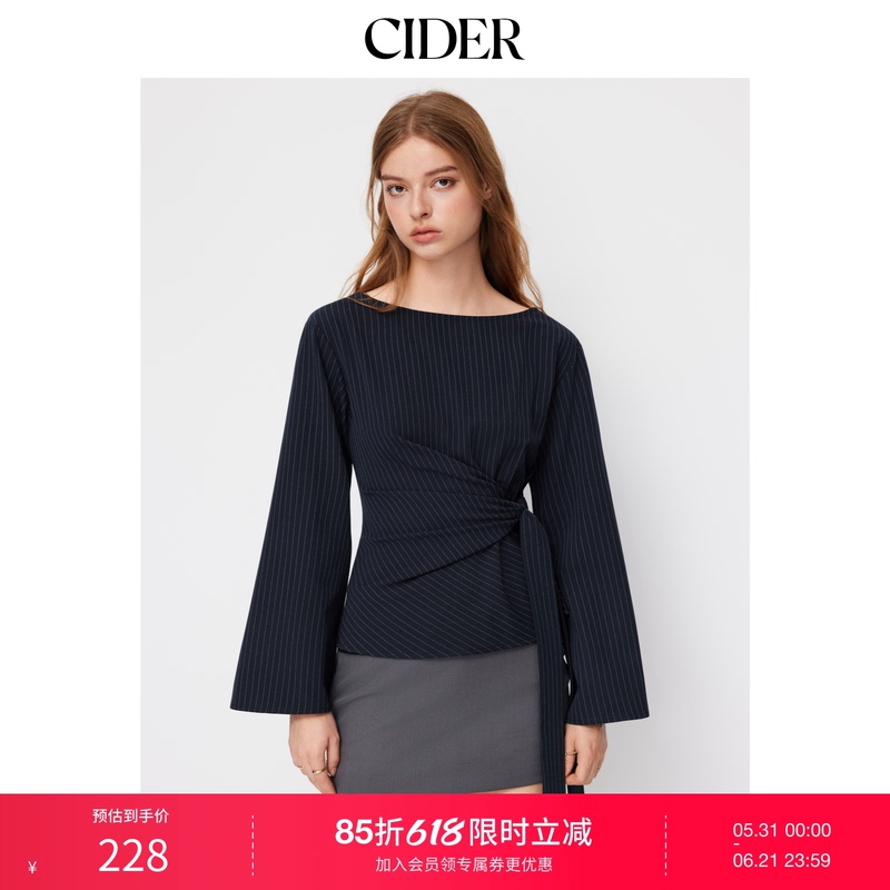 Cider Lace-Up Puff Sleeve Collar Shirt with Striped Boat Neck Design Top 114798464 Cider Lace-Up Puff Sleeve Collar Shirt with Striped Boat Neck Design Top 114798464