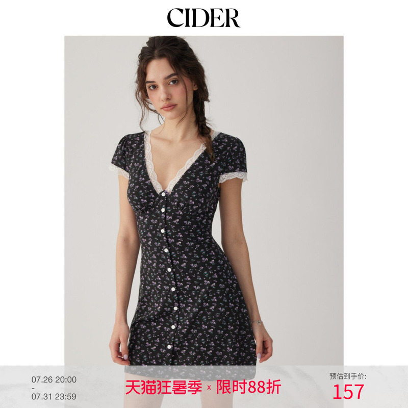 Cider2026 Spring New Floral V Neck Lace Trim High Waist A-Line Mini Dress 115285474