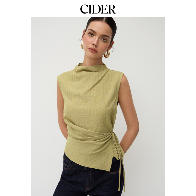 Ciderchic Style Stand-Up Collar Sleeveless Vest Textured Pleated Vest-Style Sleeveless Top 114663697