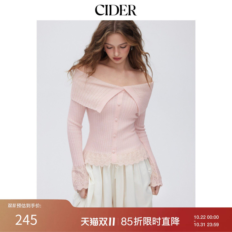 Cider2026 New Autum Product Knitted Off-Shoulder Lace Trim Slim Long-Sleeved Top 115806877