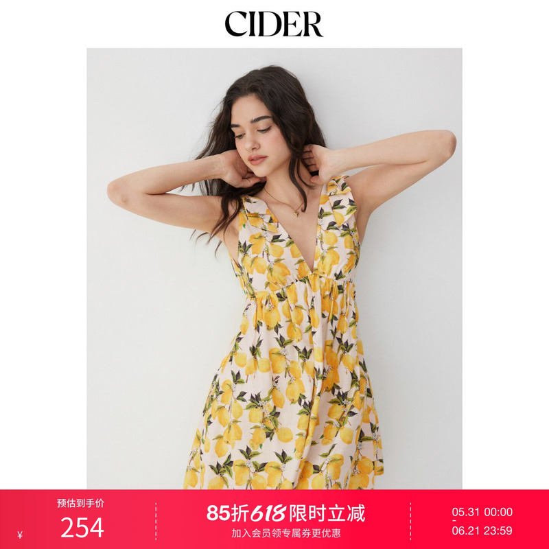 Cider Cotton Blend Lemon Print V-Neck Bow Doll Mini Skirt 115359882