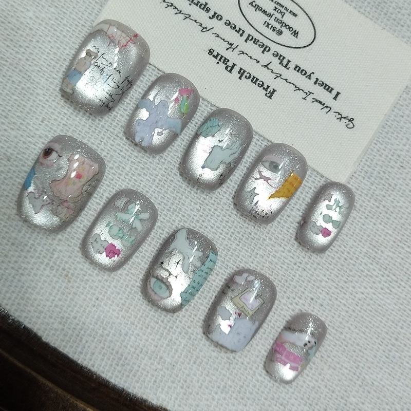 Girl's Heart Diary | Original Transfer-Printed Short Nails with Unique Design, Journal-Style Cat-Eye Nail Art, Handmade Wearable Nails.