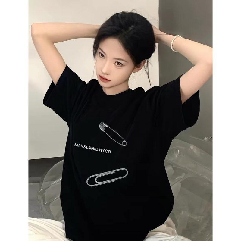 Pure Cotton American High Street Style Black Short-Sleeve T-Shirt for Women, Summer 2026 New Popular Design, Niche Loose Top
