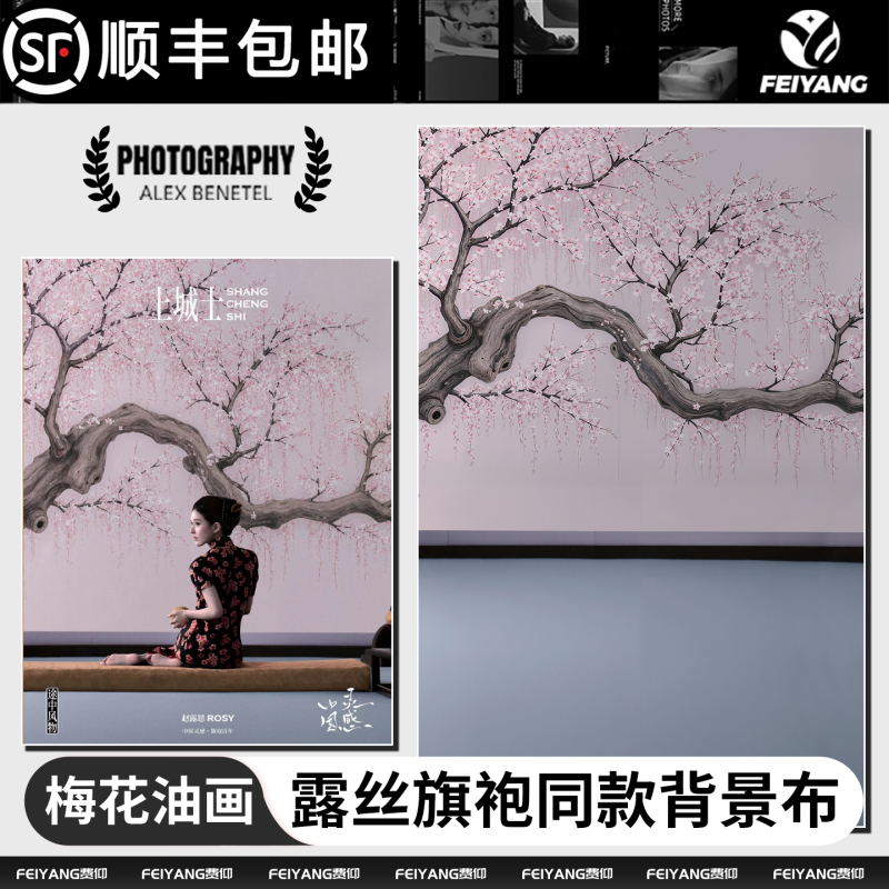 Photography Backdrop with Plum Blossom Painting Style Similar to Zhao Lusi's Cheongsam for Commercial Studio Shoots and Young Girl Portraits