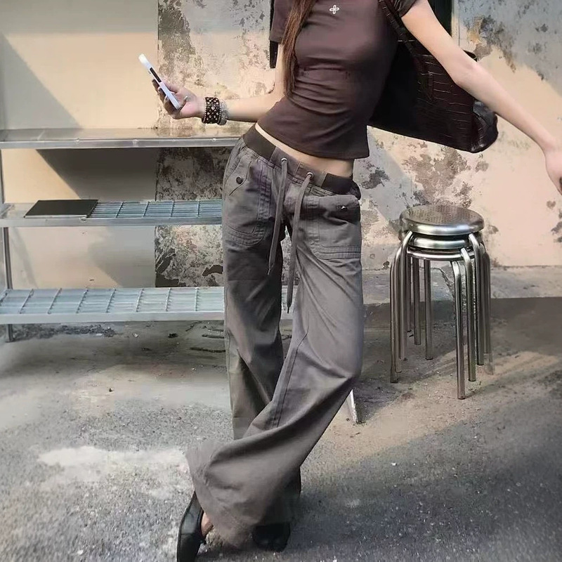 European and American Style Personality Street Fashion Slim-Fit Workwear Long Pants for Women, Straight Wide-Leg Pants with Drawstring, Low-Waist Casual Jeans Trendy European and American Style Personality Street Fashion Slim-Fit Workwear Long Pants for Women, Straight Wide-Leg Pants with Drawstring, Low-Waist Casual Jeans Trendy