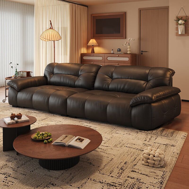 Bassman Italian-Style Light Luxury Retro Leather Sofa Modern Minimalist Three-Seater Living Room Furniture Black Leather Sofa