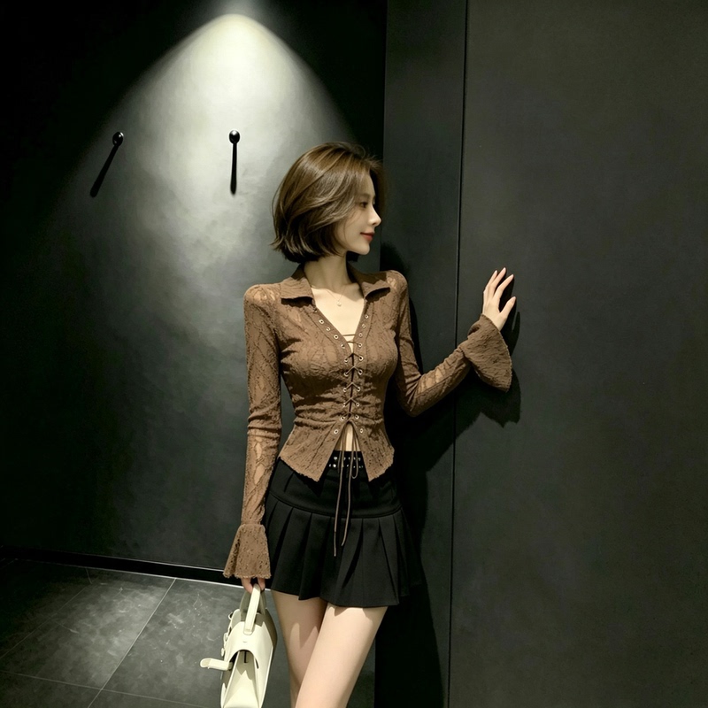 French-Style V-Neck Tie-Waist Long-Sleeve Top, 2026 Autumn New Design, Niche Coffee-Colored Shirt for Women