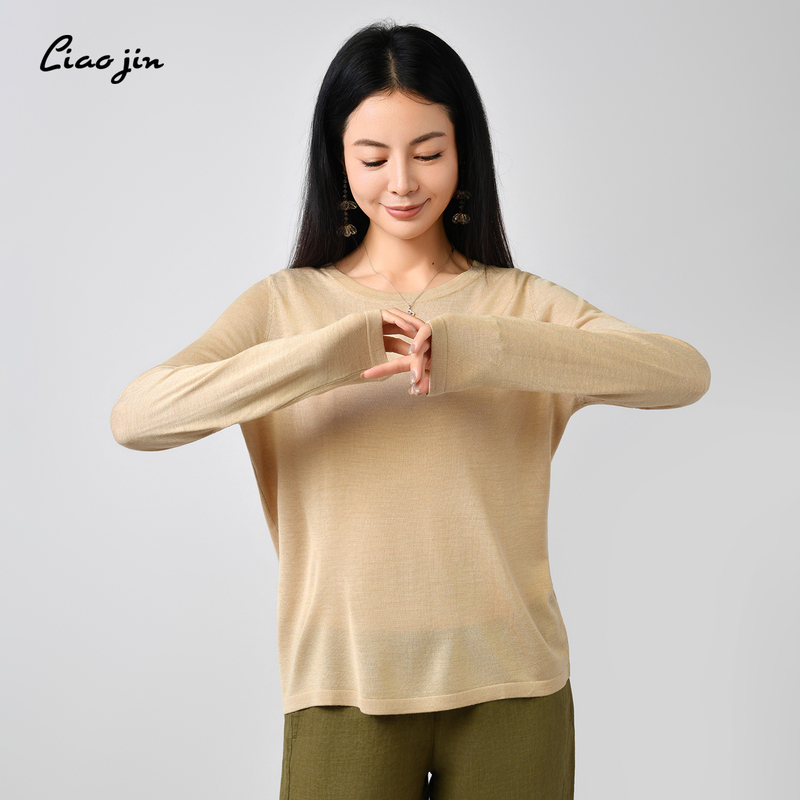 Liaojin's "Rouka" 100% Tussah Silk Round-Neck Long-Sleeve Knit Top for Women, Lightweight and Breathable, Suitable as an Inner Layer for Spring and Autumn