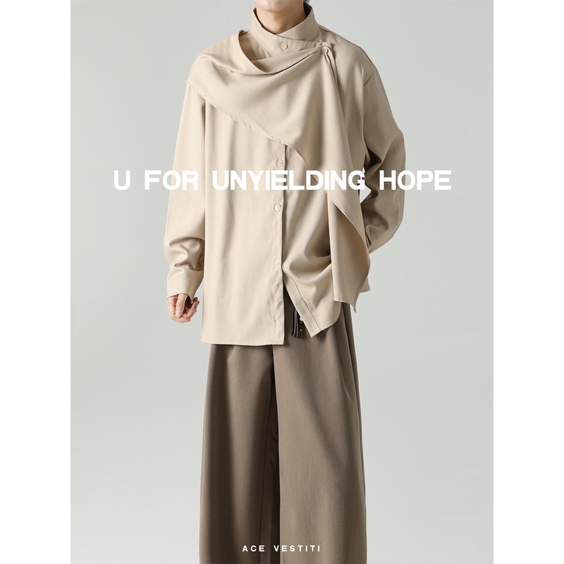 Ace Vestiti "Sand Dune" Ribbon Scarf Shirt, Stand-Up Collar Linen Design, Niche Unisex Shirt