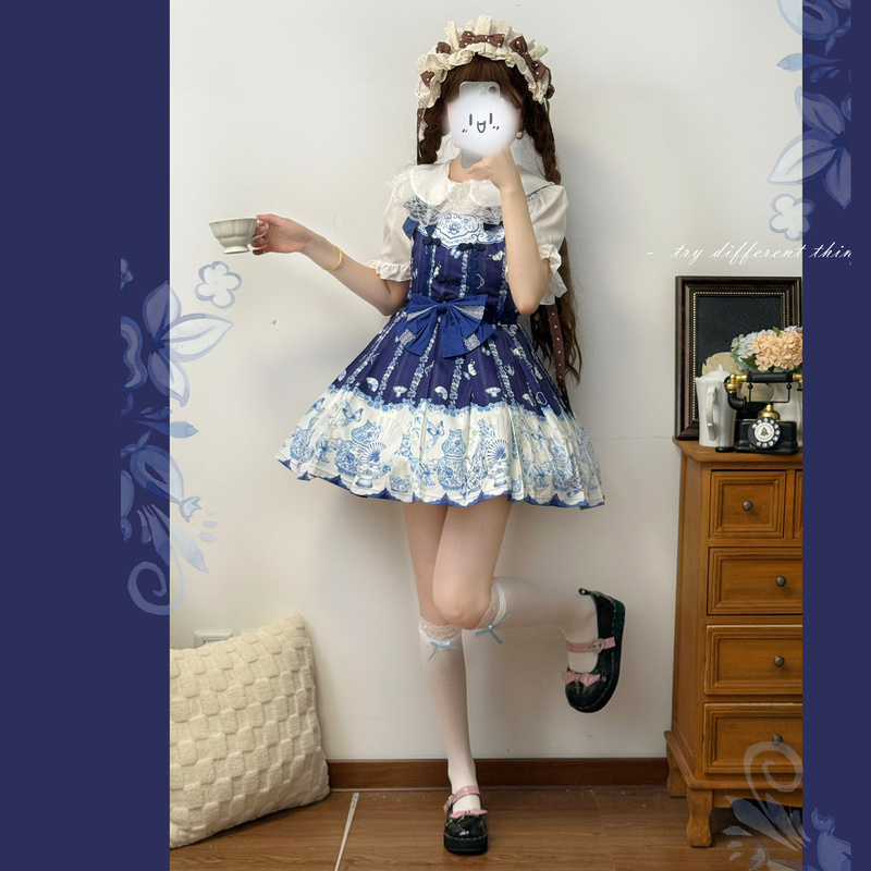 Cat Roll Roll Original Lolita【Fan Song】Blue and White Porcelain Sweet Strap Dress Authentic Lolita for Women Cat Roll Roll Original Lolita【Fan Song】Blue and White Porcelain Sweet Strap Dress Authentic Lolita for Women