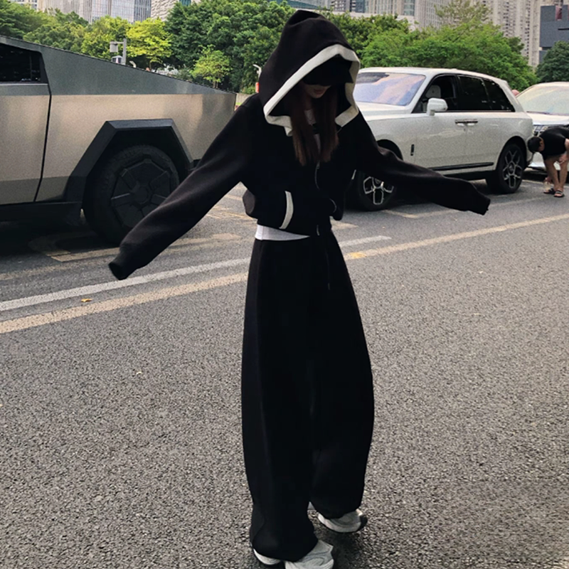 Designed Hooded Sweatshirt Sports Suit for Women, Autumn Korean Style, Fashionable, Loose, Slimming, Casual Two-Piece Set for Students