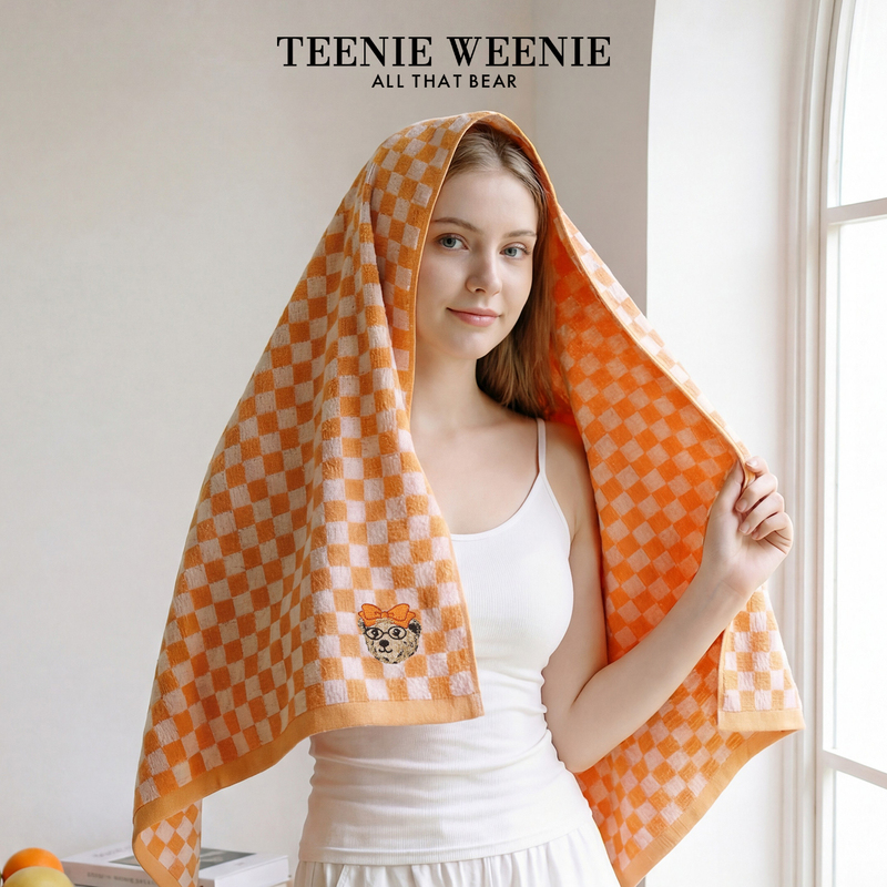 Teenieweenie Bear Embroidered Class a Antibacterial Pure Cotton Bath Towel Checkerboard Pattern Cotton Towel Bath Wrap for Women