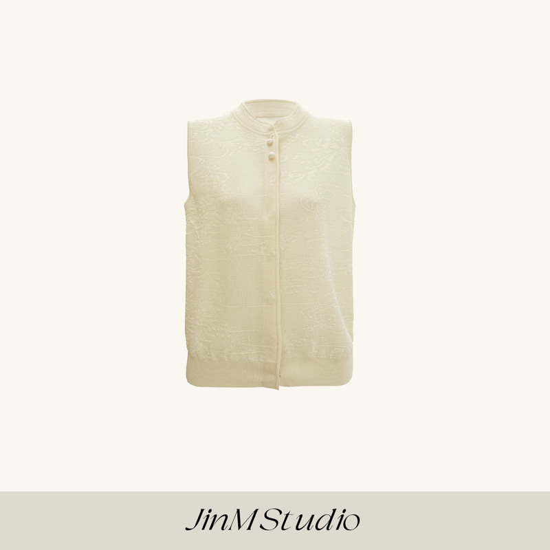 Jinmstudio【Patterned Stand Collar】Sleeveless Round Neck Patterned Knitwear 602601A3356