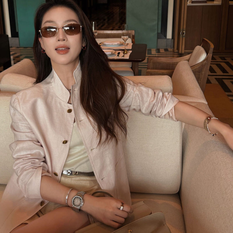 Jinmstudio丨【Pink Linen Plus】100% Linen Silk Stand Collar Jacket Chinese Style Long Sleeve Blazer Top