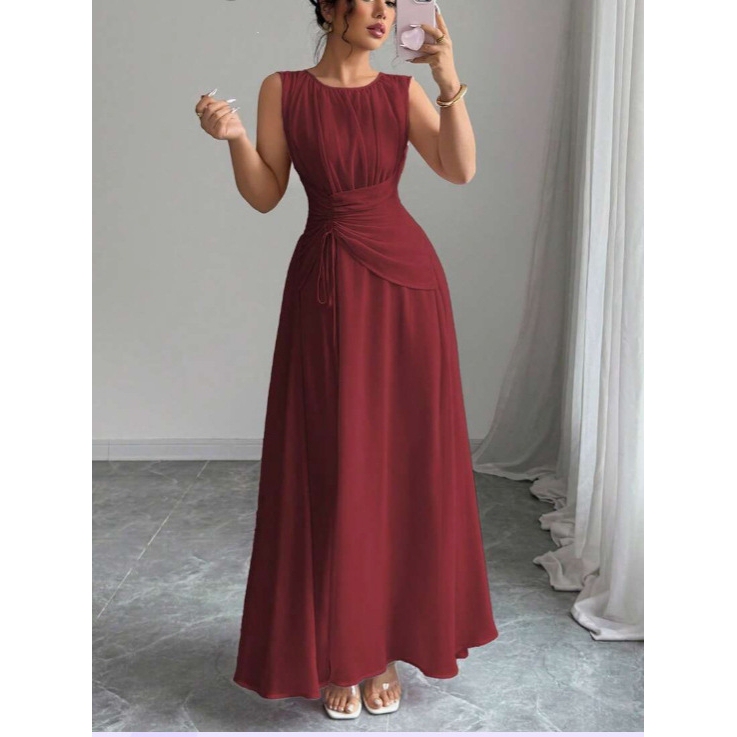 Elegant Navy Blue Summer Wedding Guest Chiffon Long Dress for Women, Vintage Sleeveless Drawstring Waist Long Dress European and American Style Elegant Navy Blue Summer Wedding Guest Chiffon Long Dress for Women, Vintage Sleeveless Drawstring Waist Long Dress European and American Style