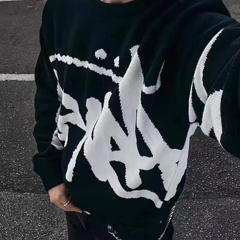 Internet Celebrity Stu Autumn and Winter Logo Letter Jacquard Knit Sweater, Round Neck, Loose Fit, Unisex Trendy Knitwear