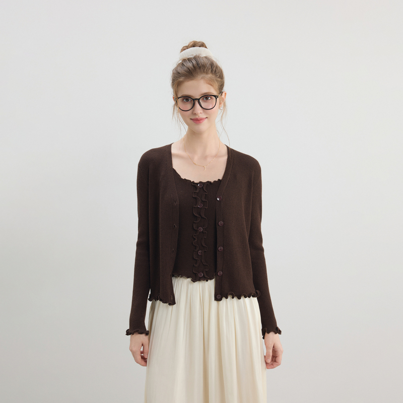 Bzxo Niche Design Brown Knitted Cardigan Jacket for Women, New Spring and Autumn Slim Fit Versatile Vest Two-Piece Set