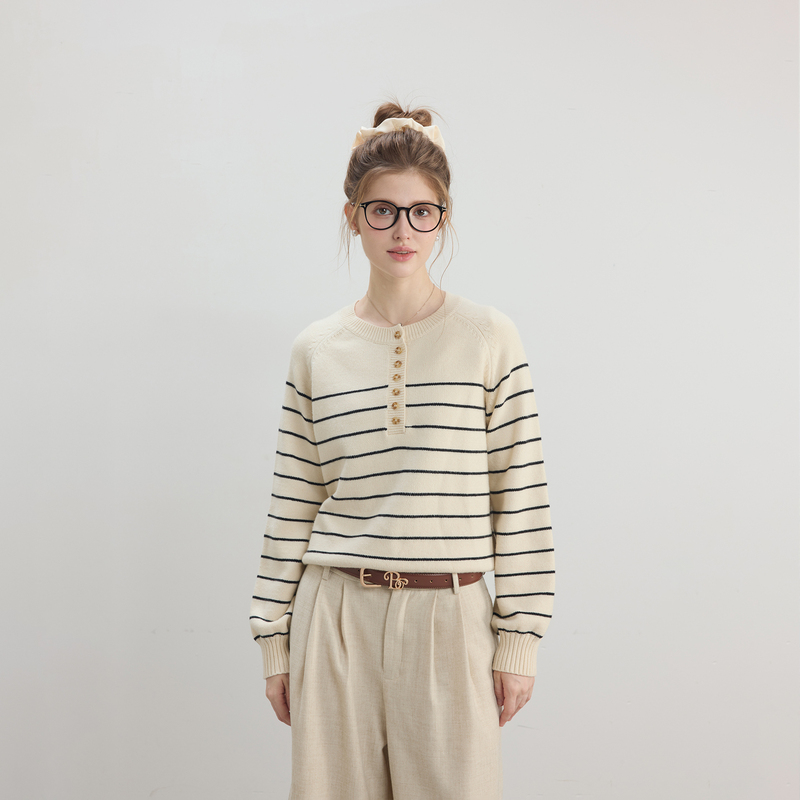 Bzxo Niche Design Button-Down Striped Knit Sweater for Women, New Autumn and Winter Loose Fit, Slimming, Casual, Versatile Round Neck Sweater Bzxo Niche Design Button-Down Striped Knit Sweater for Women, New Autumn and Winter Loose Fit, Slimming, Casual, Versatile Round Neck Sweater