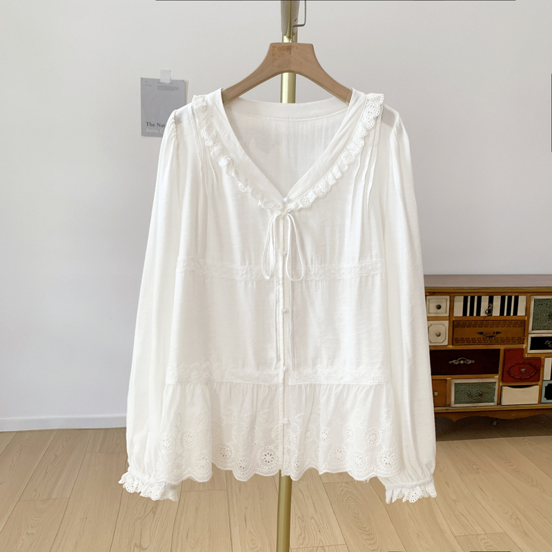 Y4864 Embroidered Lace-Trimmed Pleated Full-Button Tie-Up V-Neck Shirt Y4864 Embroidered Lace-Trimmed Pleated Full-Button Tie-Up V-Neck Shirt